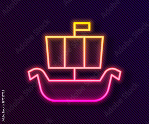 Glowing neon line Ancient viking scandinavian drakkar icon isolated on black background. Viking transport ship. Vector