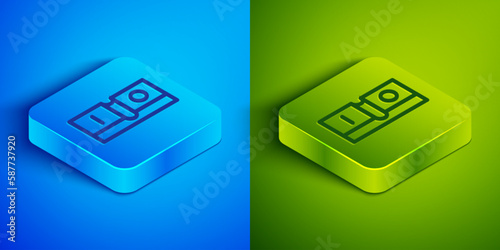 Isometric line Electric light switch icon isolated on blue and green background. On and Off icon. Dimmer light switch sign. Concept of energy saving. Square button. Vector