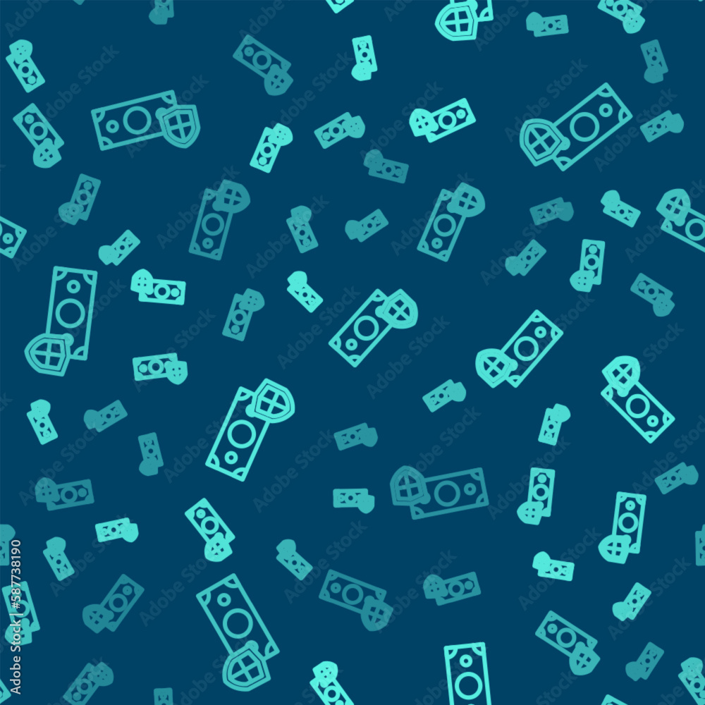 Green line Money with shield icon isolated seamless pattern on blue background. Insurance concept. Security, safety, protection, protect concept. Vector