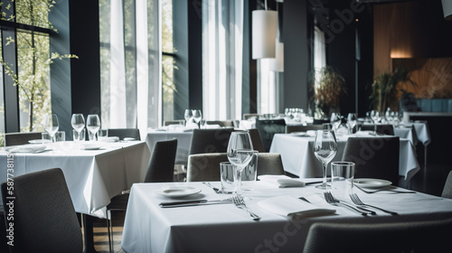 Empty interior of a restaurant with white linen tablecloths and tables set with cutlery and wine glasses. AI illustration.