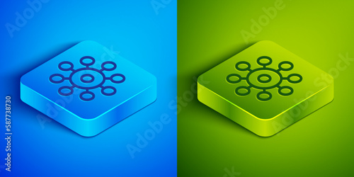 Isometric line Virus icon isolated on blue and green background. Corona virus 2019-nCoV. Bacteria and germs, cell cancer, microbe, fungi. Square button. Vector