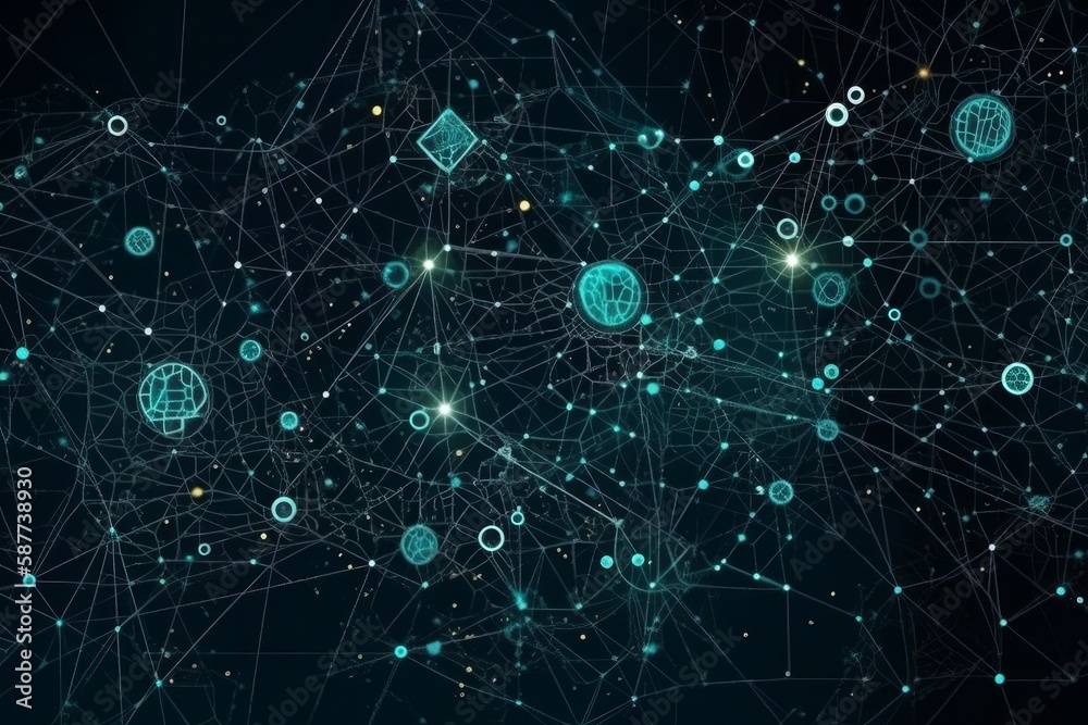 Fototapeta premium Big data visualisation concept with bright glowing lines on abstract technology background. Generative AI Illustration