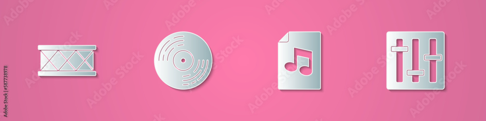 Set paper cut Drum, Vinyl disk, Music book with note and Sound mixer controller icon. Paper art style. Vector Set paper cut Drum, Vinyl disk, Music book with note and Sound mixer controller icon. Paper art style. Vector