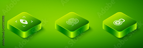 Set Isometric Fingerprint, Safe combination lock and Eye scan icon. Vector