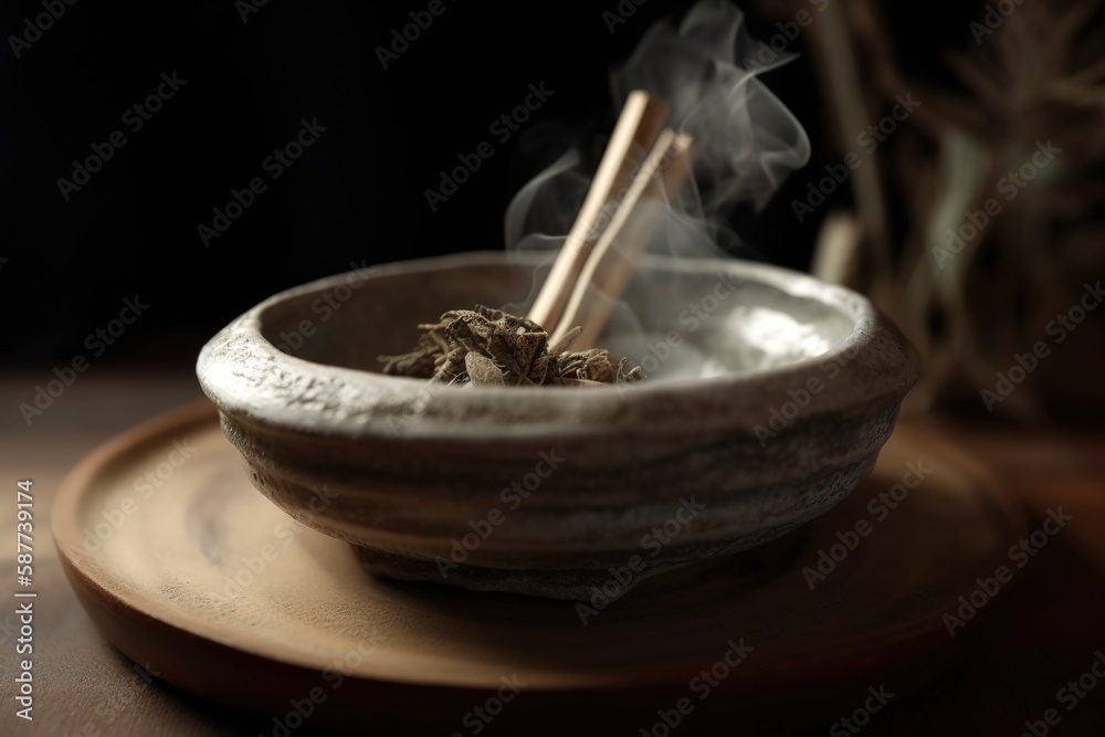 White sage incense burning on porcelain bowl. Generative AI White sage incense burning on porcelain bowl. Generative AI