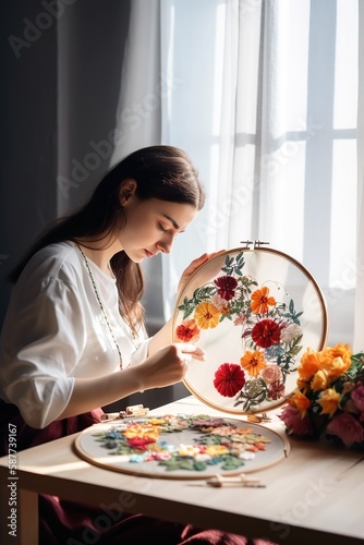 Young woman doing flowers embroidery at home. Generative AI vertical shot