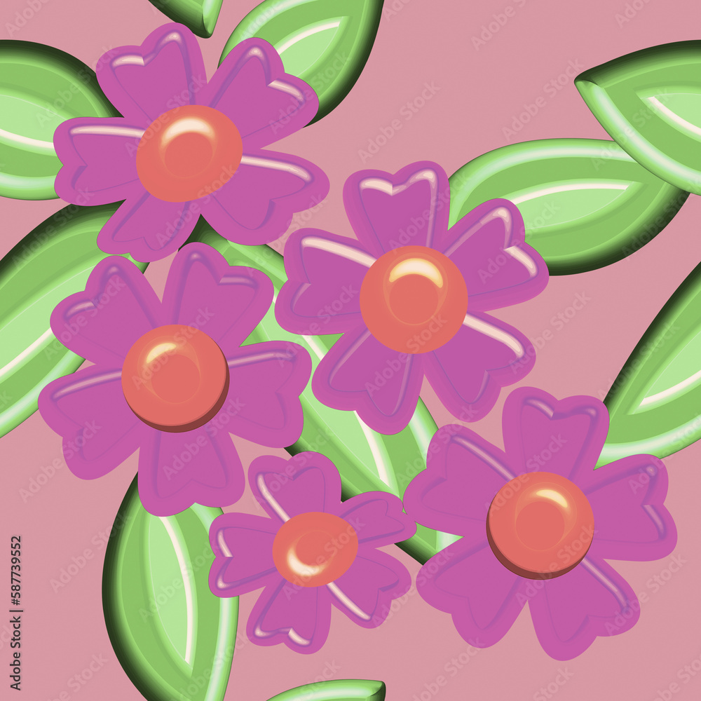 Fototapeta premium Seamless pattern of 3-d flowers, illustration with leaves.