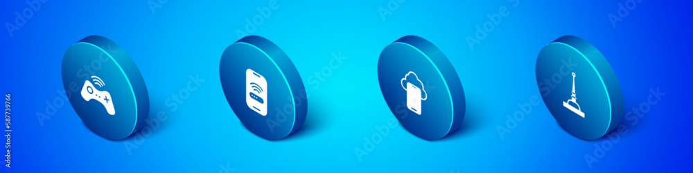 Set Isometric Wireless gamepad, Cloud technology data, Antenna and Mobile with wi-fi wireless icon. Vector Set Isometric Wireless gamepad, Cloud technology data, Antenna and Mobile with wi-fi wireless icon. Vector