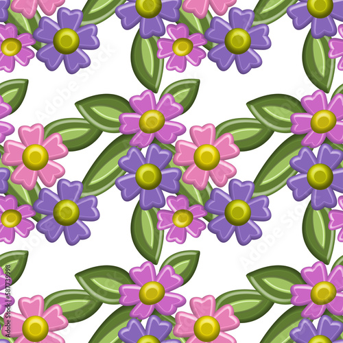 Seamless pattern of 3-d flowers  illustration with leaves.