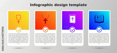 Set Rosary beads religion, Christian cross chain, Holy bible book and . Business infographic template. Vector
