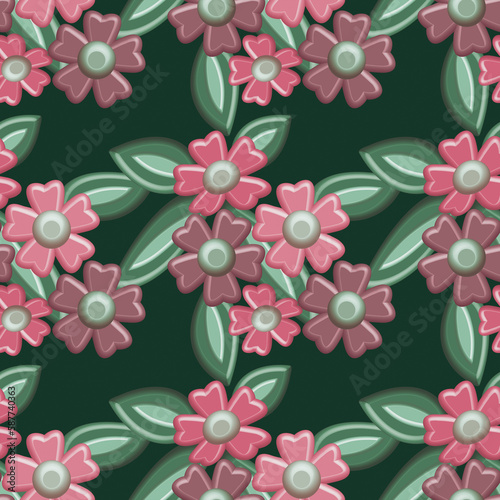 Seamless pattern of 3-d flowers, illustration with leaves.