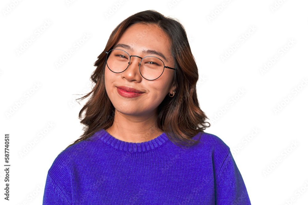Beautiful Asian woman smiling with glasses in close-up.