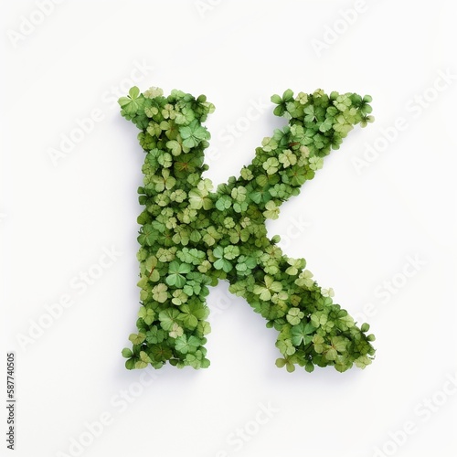 Letter K of the alphabet made from green clover leaves. Generative AI.