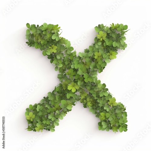 Letter X of the alphabet made from green clover leaves. Generative AI.