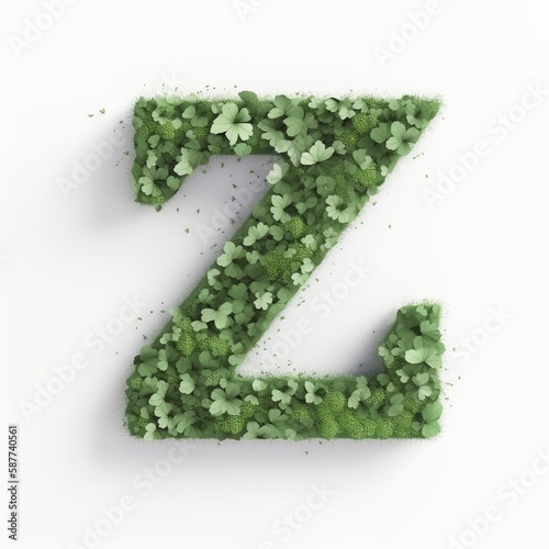 Letter Z of the alphabet made from green clover leaves. Generative AI.