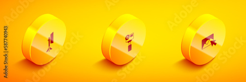Set Isometric Studio light bulb in softbox, Action extreme camera and Photo retouching icon. Vector
