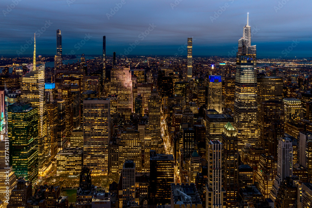 New York, USA - April 26, 2022: Amazing night view of NY from above. Manhattan Business District