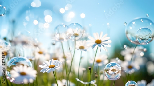 Chamomile flowers with soap bubbles on sunny meadow. Nature background. White daisies and soap bubbles on a green meadow. Generative AI technology.