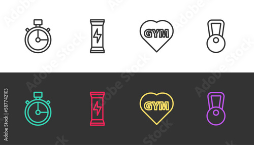 Set line Stopwatch  Sports nutrition  Fitness gym heart and Kettlebell on black and white. Vector