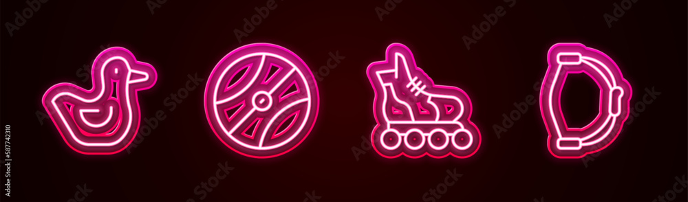 Set line Rubber duck, Basketball ball, Roller skate and Bow toy. Glowing neon icon. Vector