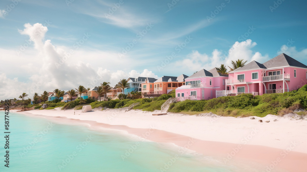 The stunning pink sand beaches of Harbour Island in the Bahamas, with its tranquil waters and pastel-colored architecture 