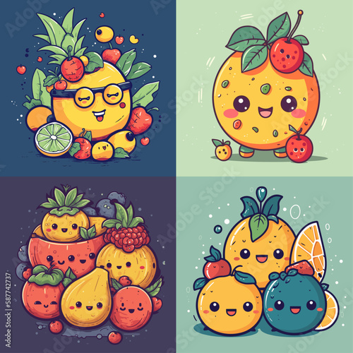 Flat color vector of happy fruits set collection