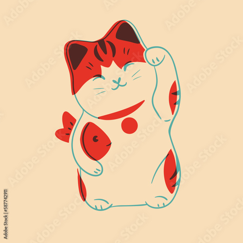 Lucky cat. Colorful cute screen printing effect. Riso print effect. Vector illustration. Graphic element  for fabric, textile, clothing, wrapping paper, wallpaper, poster.