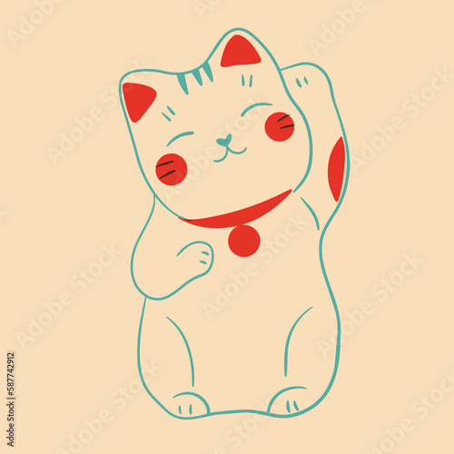 Lucky cat. Colorful cute screen printing effect. Riso print effect. Vector illustration. Graphic element  for fabric, textile, clothing, wrapping paper, wallpaper, poster.