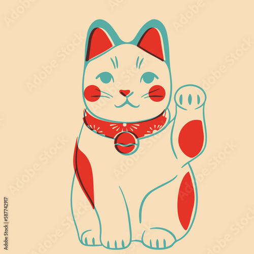 Lucky cat. Colorful cute screen printing effect. Riso print effect. Vector illustration. Graphic element  for fabric, textile, clothing, wrapping paper, wallpaper, poster.