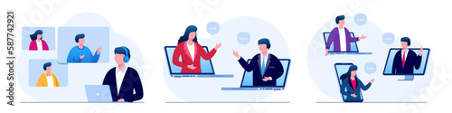 People connecting online with teleconference and video conference for meeting learning remote working concept. flat vector illustration design