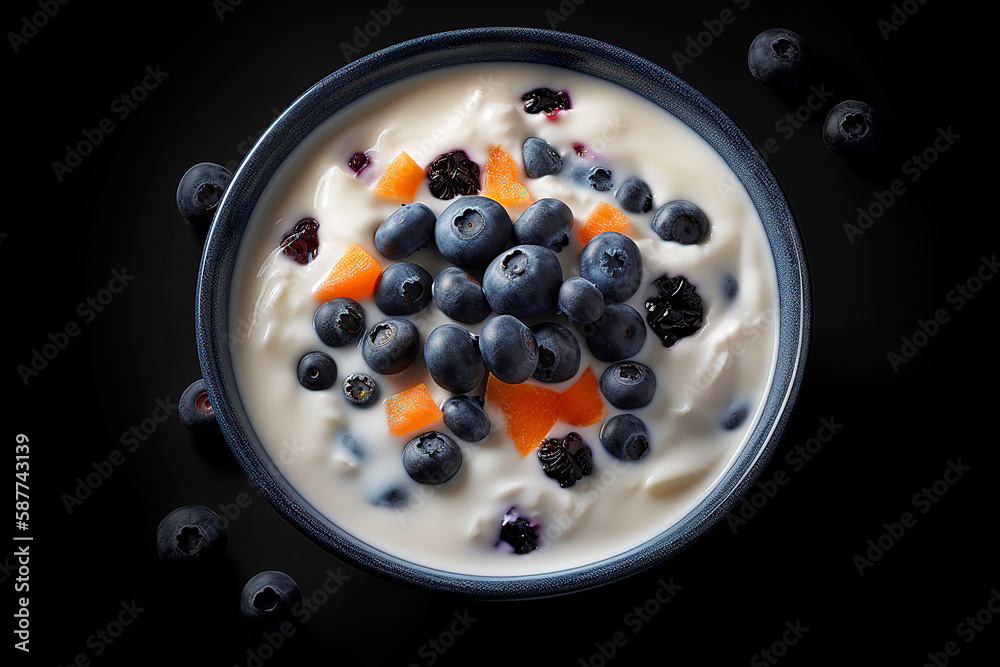 Breakfast Bowl with Yogurt, Berries, and Orange on Black Background. Breakfast Bowl with Yogurt, Berries, and Orange on Black Background.