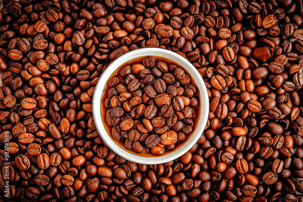  Coffee beans pattern with a cup of coffee in the middle. 