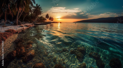 Sonnenuntergang mit t  rkisem Wasser  Palmen Oase