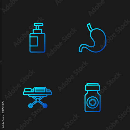 Set line Medicine bottle and pills, Stretcher, Hand sanitizer and Human stomach. Gradient color icons. Vector