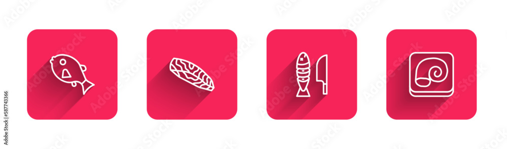 Set line Tropical fish, Fish steak, with sliced pieces and Octopus on plate with long shadow. Red square button. Vector Set line Tropical fish, Fish steak, with sliced pieces and Octopus on plate with long shadow. Red square button. Vector