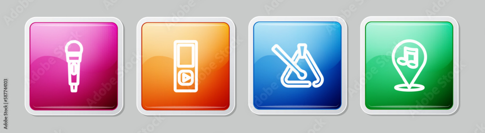 Set line Microphone, Music player, Triangle musical instrument and Location note. Colorful square button. Vector Set line Microphone, Music player, Triangle musical instrument and Location note. Colorful square button. Vector