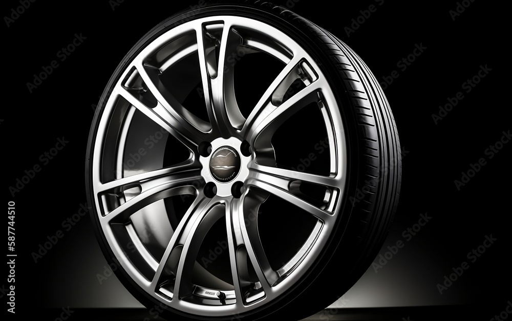 Car wheel on black background. Generative AI technology.