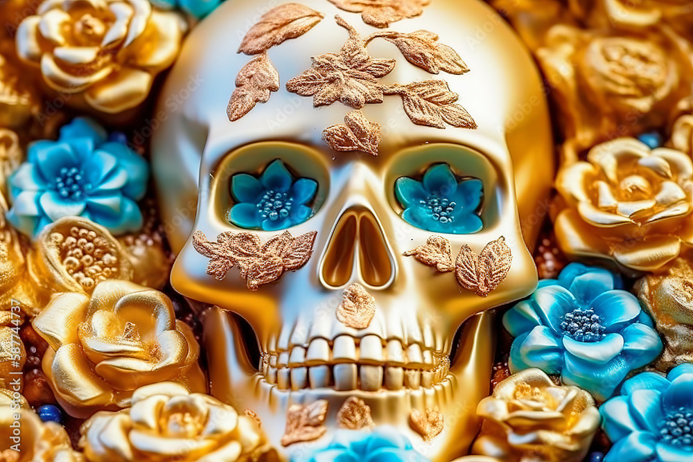 Close-Up of Golden Tinted White Chocolate Skull with Blue and Gold Chocolate Flowers.