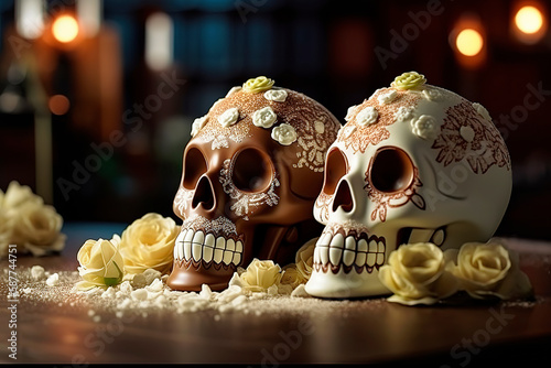 Chocolate Skulls with Beautiful White Chocolate Rose Accents. Catrinas. Dia de los Muertos.