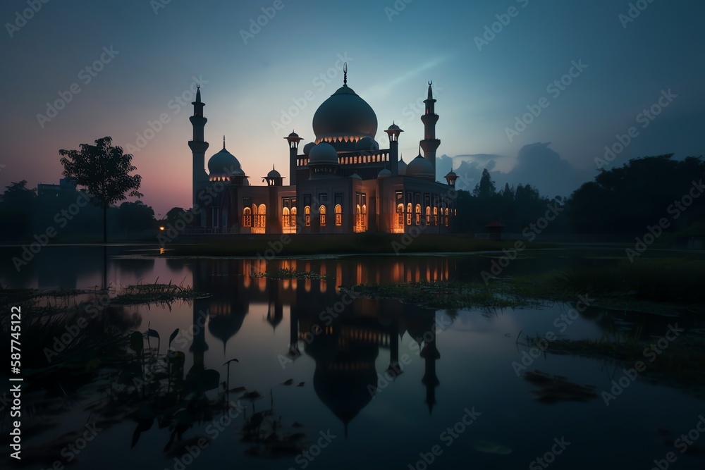 mosque full object perspective photo generate AI, for ramadhan kareem, eid al fitr, eid adha, islamic event