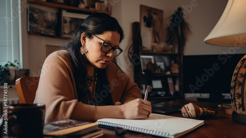 Indigenous Entrepreneur: A Native American Woman's Journey in Business. Indigenous Female Working hard in her Home Office. Generative AI. photo