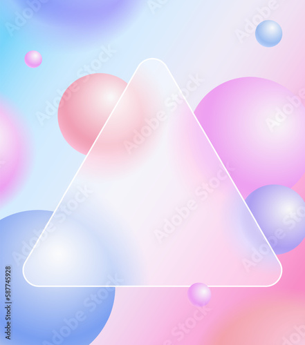 Creative glassmorphism illustration design with triangle transparent frame and floating spheres template