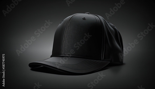 Illustration of black snapback on dark background. Mock up hat cap for you logo, brand identity etc. Generative AI