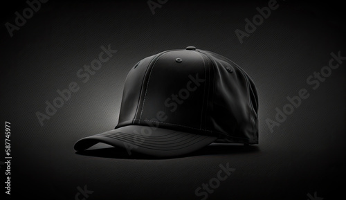 Illustration of black snapback on dark background. Mock up hat cap for you logo, brand identity etc. Generative AI