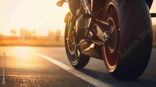 close-up of a rear tire of a sport bike on asphalt track, accelerating, natural sunset light, blurry background, Generative IA photo