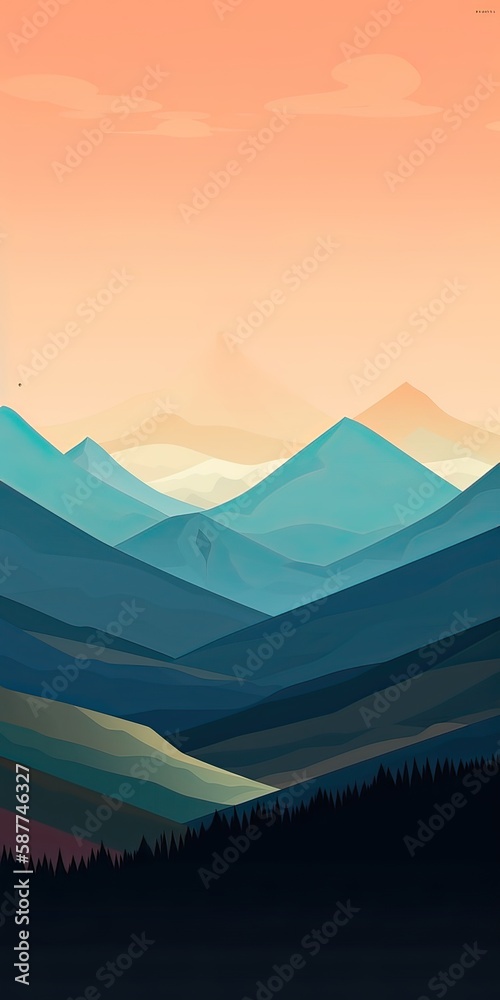 Abstract landscape poster. Nature wall decor contemporary art print, mid century mountain background. Vector illustration. Generative Ai.