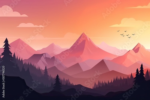 Abstract landscape poster. Nature wall decor contemporary art print, mid century mountain background. Vector illustration. Generative Ai. © Kowit