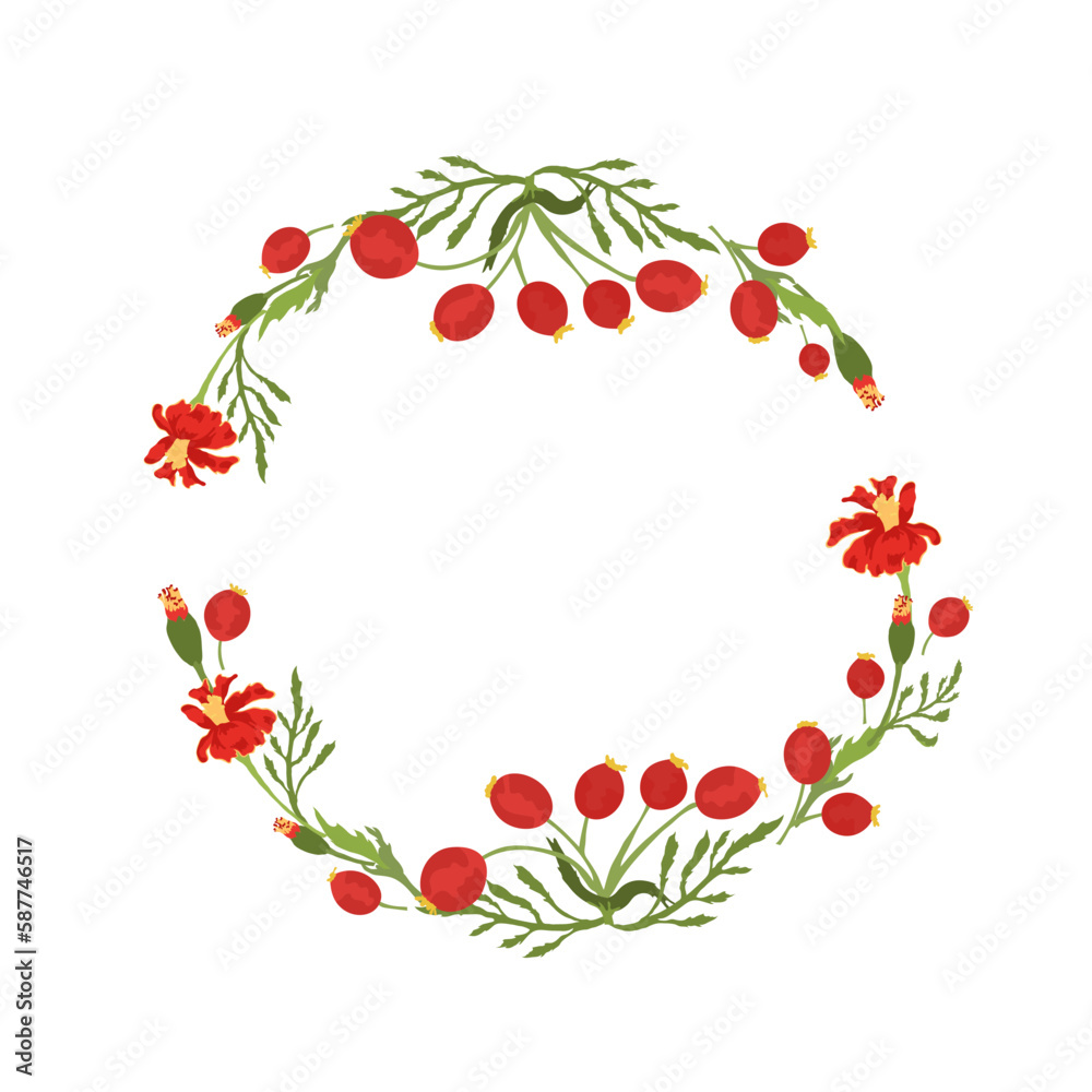 Isolated wreath with hand drawn garden flowers