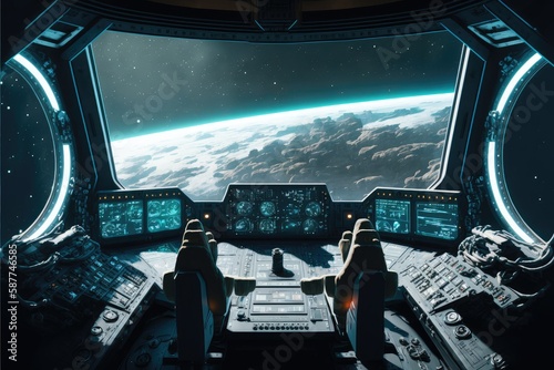 Fototapeta Naklejka Na Ścianę i Meble -  Outer view of spaceship window with control system room. Abstract discover new planet in space. Finest generative AI.