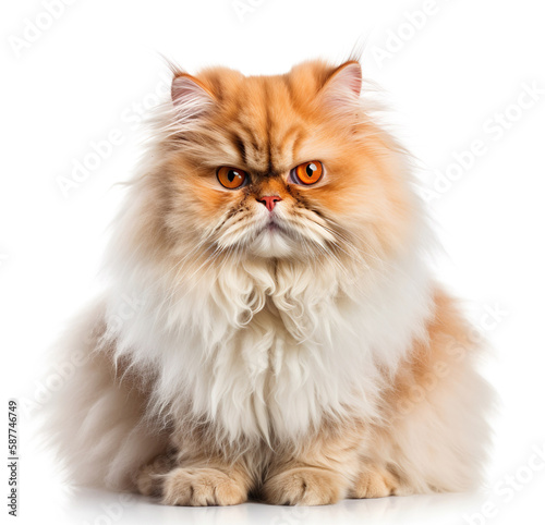 Orange fluffy Persian cat isolated on white background. Generative AI.